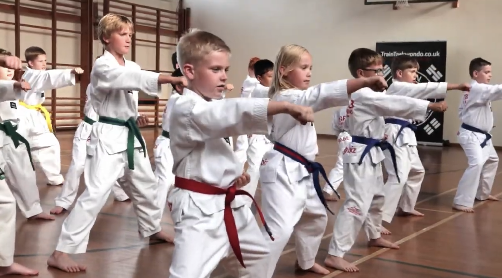 Family Taekwondo class — kids practising punching technique